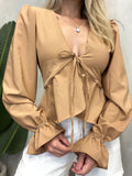 Blusa Feminina Manga Longa em Crepe Boho Chic com Amarração Ref. 1433