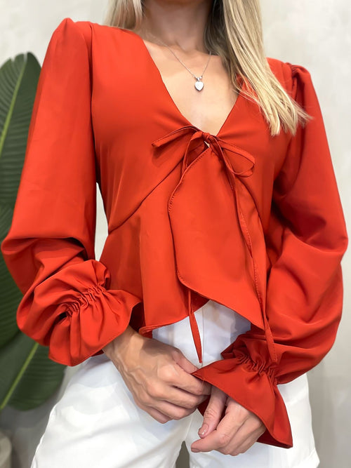 Blusa Feminina Manga Longa em Crepe Boho Chic com Amarração Ref. 1433