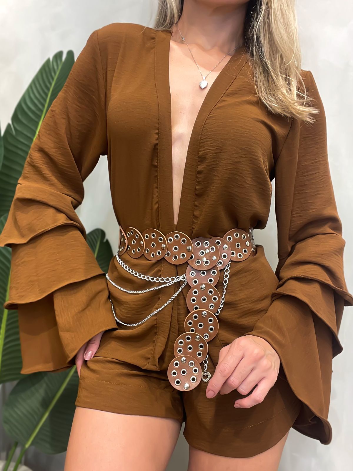 Conjunto Feminino em Duna Shorts e Blusa Manga Longa Boho Chic Ref. 1453