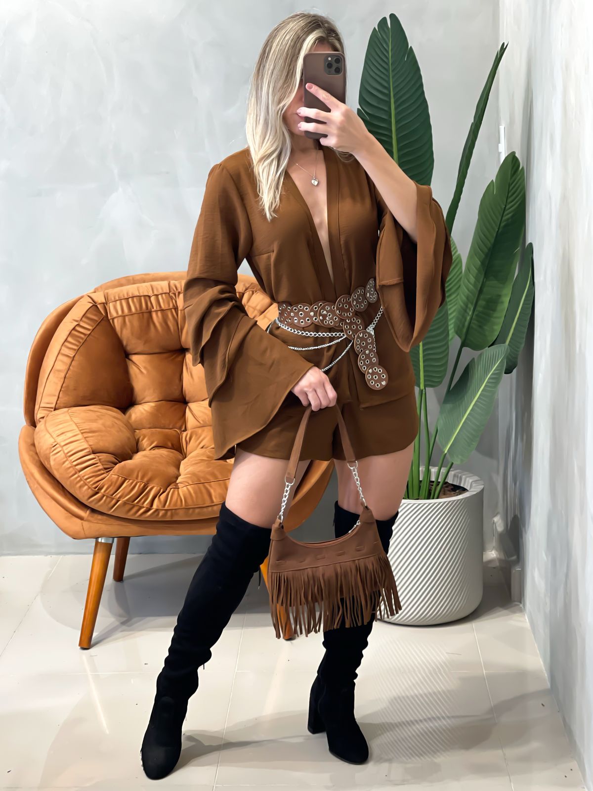 Conjunto Feminino em Duna Shorts e Blusa Manga Longa Boho Chic Ref. 1453