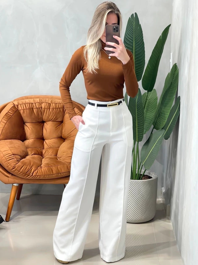 Calça Feminina Pantalona em Alfaiataria com Cinto Ref. 1013
