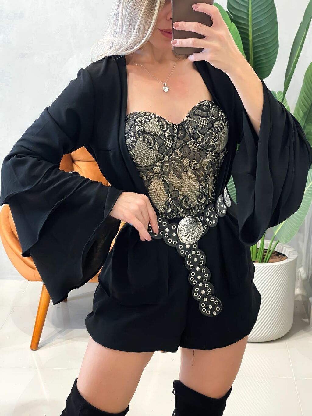 Conjunto Feminino em Duna Shorts e Blusa Manga Longa Boho Chic Ref. 1453