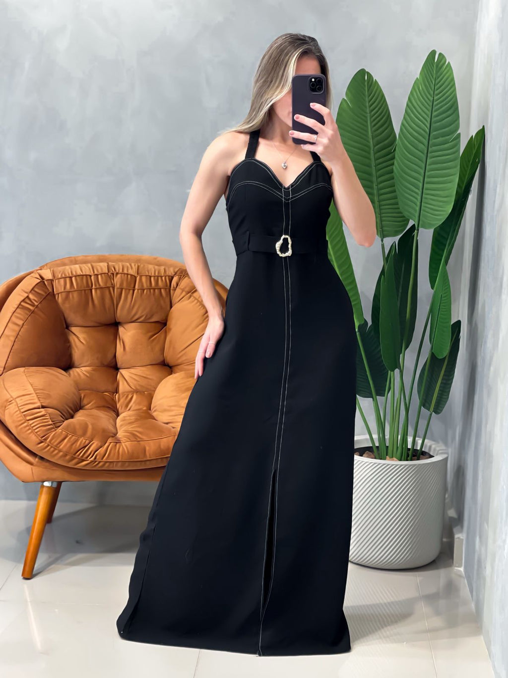 Vestido Longo em Alfaiataria Sensoriale de Alça com Fenda Ref. 1629